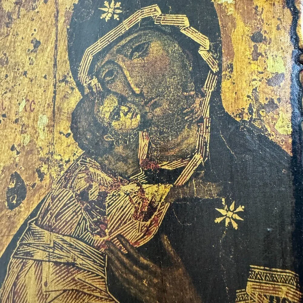 Antique Orthodox Religious Mother Of God Virgin Mary Wooden  Icon